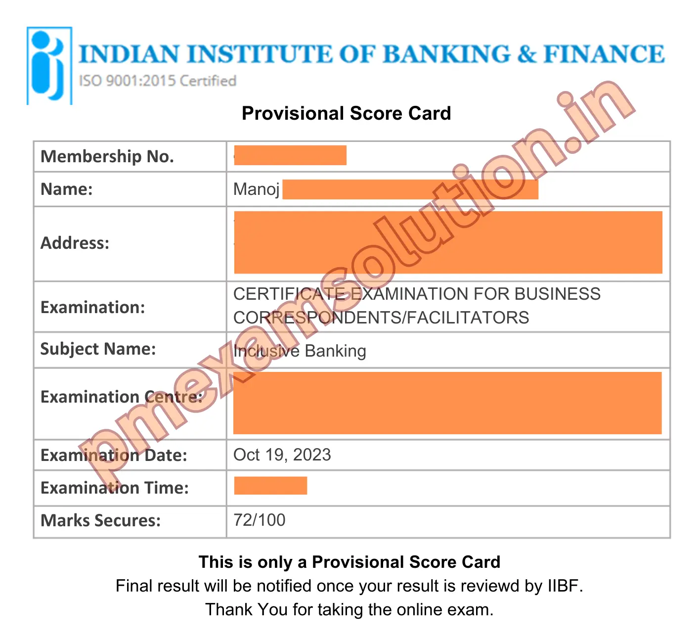 IIBF Sample certificate 3