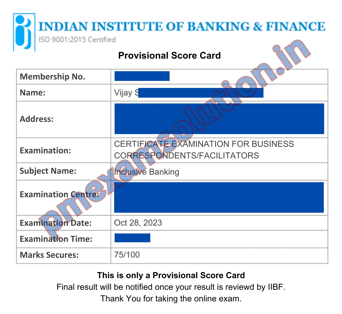 IIBF Sample certificate 4