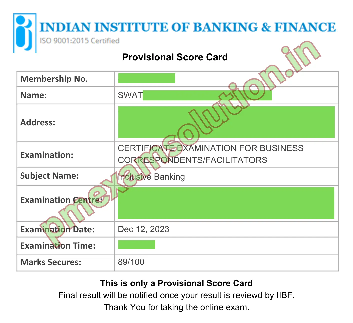 IIBF Sample certificate 6